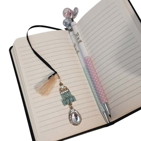 Journal GIFT SET Black Hardcover Notebook Fancy Bookmark insert Pencil Duo NEW! - Picture 3 of 14